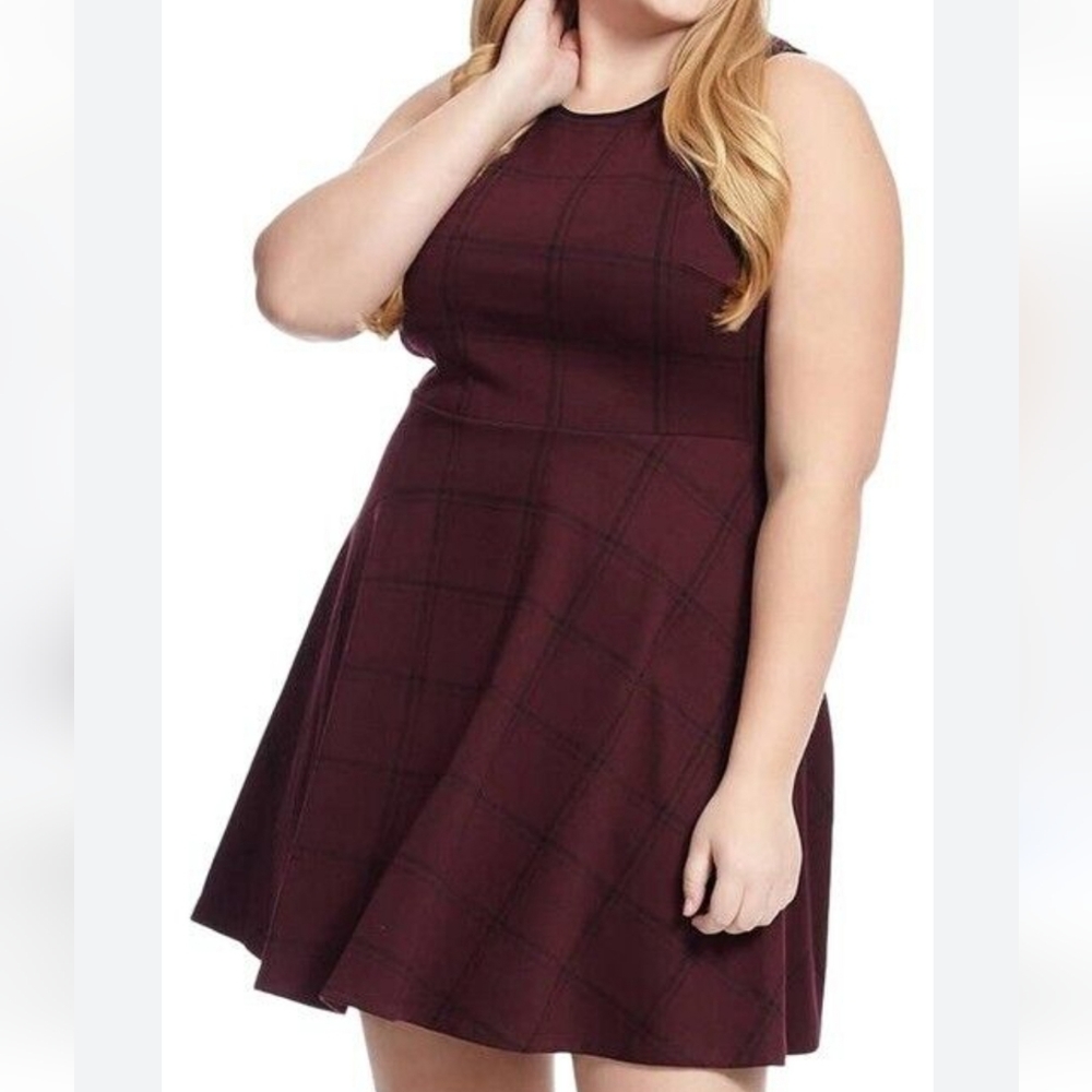🆕️ LEOTA Maroon Plaid Fit & Flare Sleeveless Dress SIZE: 2L